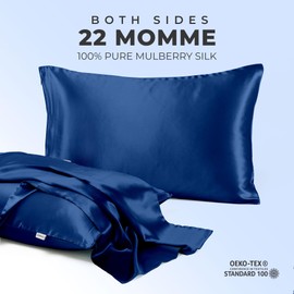 LOOMBERRY 100% Natural 22 Momme Pure Mulberry Silk Pillowcase for Hair and Skin Both Sides 22 Momme Highest Grade 6A with Hidden Zipper (Blue Navy, Queen (50x76CM))