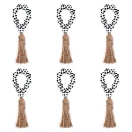 6Pcs Wooden Bead Napkin Rings with Jute Tassels Wooden Beads Napkin Holders with Tassels Rustic Wooden Napkins Holder for Farmhouse Christmas Wedding Table Decoration, Black and White Plaid