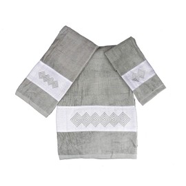 Marina Decoration Premium Luxury Decor Ultra Soft 100% Cotton Embroidered Bathroom Modern 3 Piece Towel Set, Grey Modern Square Pattern