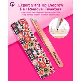 Expert Slant Tip Tweezers with Leather Case, GlamTweeler Sharp & Precision Stainless Steel Tweezer for Eyebrows, Facial Hair and Fine Hairs Removal (Rose Gold)