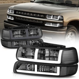 Auto Dynasty LED DRL Headlights Assembly ompatible with 1999-2006 Chevy Silverado 1500 2500 3500 HD Tahoe, Driver Passenger Side Halogen Headlamps Replacement w/F-Style Running Light, Smoked/Clear