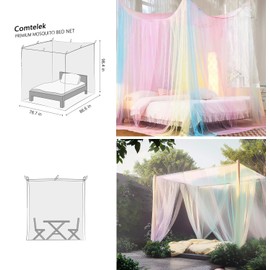 Curtains Bed Canopy Rainbow Mosquito Net for Bed Canopy Four Corner Post Elegant Mosquito Net Set, Stick Hook &Profession Rope for net, Screen Netting Canopy Curtains, Full/Queen/King