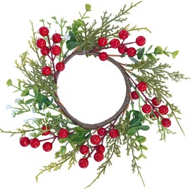 Winlyn 4 Pcs Artificial Eucalyptus Cedar Berry Candle Rings Christmas Candle Holder Wreath Rings Faux Cedar Twigs Wreath Mini Window Wreaths 12.2" Wide Winter Wedding Holiday Party Table Decoration