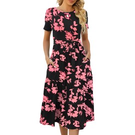 Lyrur Tea Party for Woman Short Sleeve Summer Sundress Tiered Babydoll Casual Midi Dresses Women 2025 (XL,9191-Black Coral)