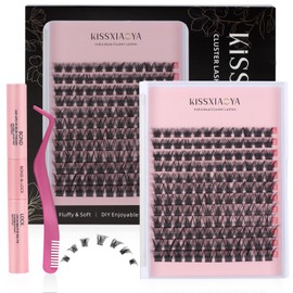 Cluster Eyelash Extensions Kit, 144Pcs D Curl Mix 9-15mm Invisible Bottom Wide Stem Lashes with Lash Bond & Seal & Applicator, Soft Natural False Eyelashes, DIY Individual Lashes at Home (T02 Kit)