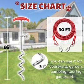 PETPMEEE Dog Tie Out Cable & Stake - 30 FT Heavy Duty Long Dog Leash with 16 "Spiral Anchor Stake - Tangle Free Suit for Small, Medium,Large Dog for Outdoor Yard Playing/ Training/ Hiking/ Camping