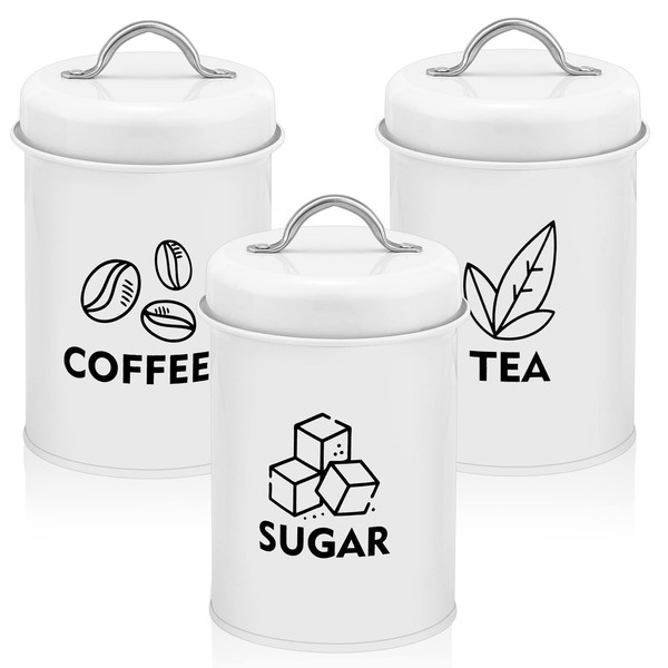 Onader Set of 3 Tea Coffee Sugar Canisters, Metal Storage Containers Jars with Lids for Kitchen Farmhouse Decoration, Perfect for Storing Food, Biscuit, Cakes, Spice or Beans, Vintage Design, White