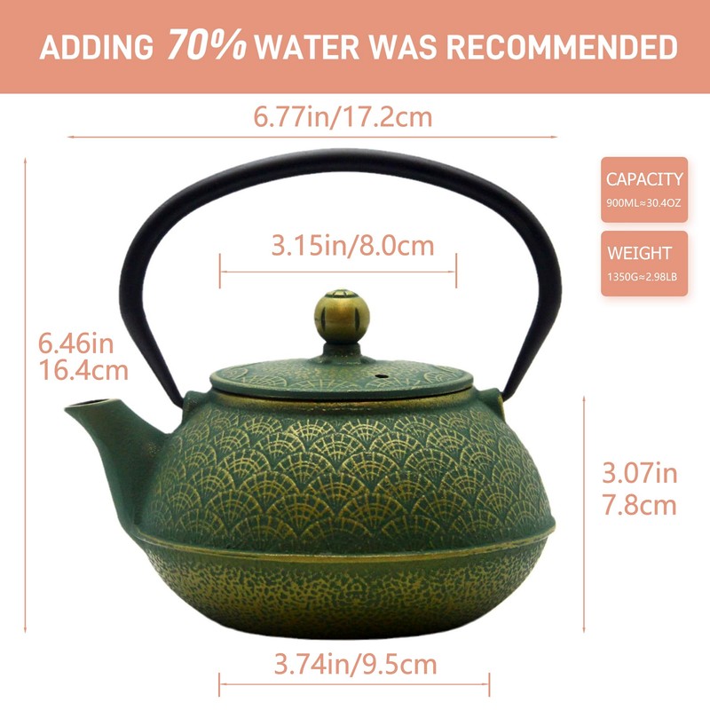 900ml Cast Iron Tea Kettle,SECHUDO Teapot Coated with Enameled Interior