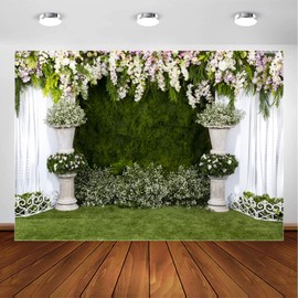 JASREE Vinyl 10x8ft Arch Wedding Flowers Backdrop Photography Background Stone Planter Flowers White Curtain Green Ivy Wall Decoration Outdoos Ceremony Green Grassfield Backdrop