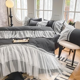SOUKECHY Lace Ruffled Duvet Cover Set, Black Chic Bedding with Cute Bow, Kids Twin Princess Bedding,100% Polyester,Lightweight, Zipper Closure Gift for Girls