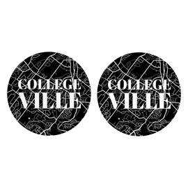 Minimalistic B&W Pennsylvania Collegeville Map, Joyride Home Decor, 2 Ceramic Car Coasters, 2.65-inch Circle Coasters, Set of 2, Vehicle Accessory, Keeps Car Cup Holder Clean, Express Your Style.