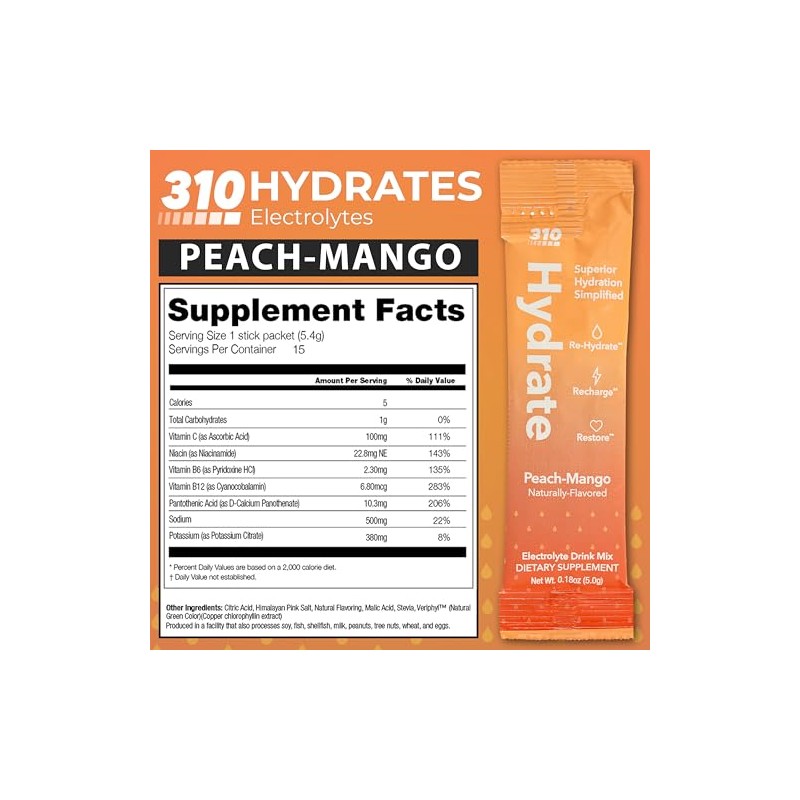 310 Nutrition Polvo de Electrolitos Sin Azúcar Sugar-Free Electrolyte Hydration
