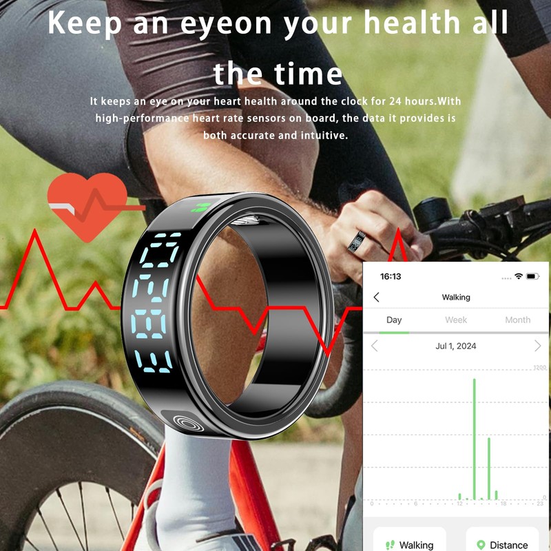 SRZOBYU Unisex Smart Ring with LED Display, Touch Control, Charging