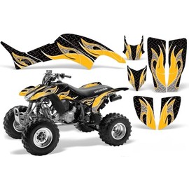AMR Racing ATV Graphics Kit: Quad Stickers for Honda TRX 400EX (1999-2007), Featuring Tribal Flame Design in Yellow & Black, Transform Your Ride with New ATV Stickers!