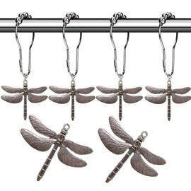 Aimoye Dragonfly Bathroom Shower Curtain Hooks - Rust Proof Brushed Nickel Rings with Dragonfly Pendant Accessories Set Decorate Bath Room with Natural, Forest, Garden, Country Theme, 12PCS