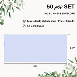 50 Pack Lavender #10 Business Envelopes, Self Seal Standard 4 18 x 9 12 Inches, for Secure Mailing, Office, Checks, Letter, Invoices