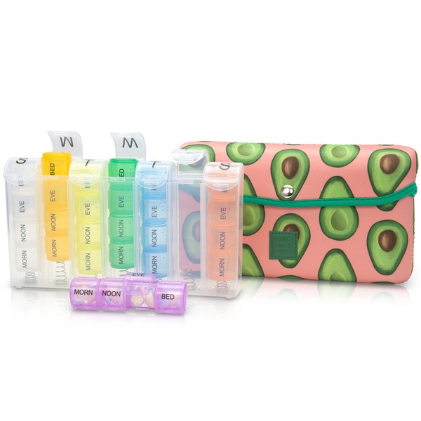 Made Easy Kit Pill Case Large 7-Day / 28 Compartments in Neoprene Carrier with Storage Pill Box in Daily in Morn, NOON, EVE, Bed a Weekly Vitamin, Medicine, Capsule Organization (Green Pink Avocado)