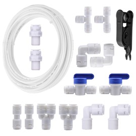 HUAZIZ 10 m white universal connection set, 14 pieces RO water filter fitting, for 3/8 inch hose, refrigerator hose, water hose (Y + T + I + L type + shut-off valve)