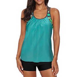 Aleumdr Women's Blouson Floral T-Back Push Up Tankini Top Halter Padded Slimming Swimsuit Sporty Swimwear Mint Green Large 12 14