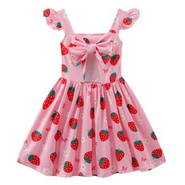 GOTHLETIC Toddler Girls Strawberry Dress Baby A-Line Ruffle Sleeve School Dresses Birthday Party Sundress Summer Outfit for Kids 18-24 Months