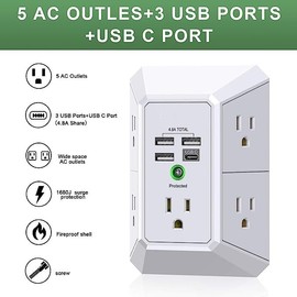 H&C Homegoods Tabla Protector multicontacto de Corriente electrica 5 Tomas de Corriente mas 3 USB y 1 Tipo C (Pared)