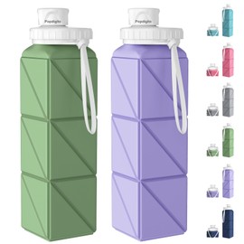 Popdigito Collapsible Water Bottles 20.7oz Leakproof with Straw Lid Food-Grade BPA-Free Silicone Travel Foldable Water Bottles for Sports Office Gym Hiking Driving 610ML (Light Purple+Army Green)