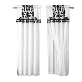Chezmoi Collection 2 Panel Black and White Floral Window Curtain/Drape Set with Valance-Treatment Drapery