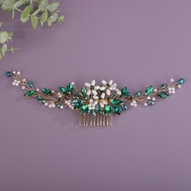 BERYUAN Bridal Rhinestone Pearls Hair Comb Flowers Pearls Rhinestone Wedding Headband Crystal Rhinestone Pearls Handmade Hair Comb for Wedding Bridal Women (peacock green)