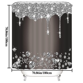 4 Pcs Glitter Diamond Shower Curtain Sets, Black Silver Shiny Drips Bath Decor with Rug and Toilet Lid Cover, Deep Grey Luxury Texture Colorful Bling Modern Bathroom Curtain with 12 Hooks, 72 x 72 in