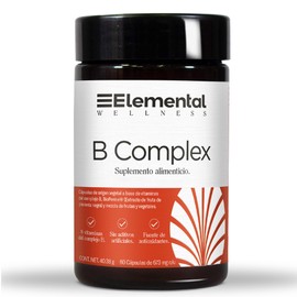 Elemental Wellness | B Complex| Complejo B | Vitaminas B1, B2 18mg por dosis, B3, B5, B6, B7, B9, B12 I Mezcla de 13 frutas y vegetales | Bioperine | 60 cápsulas | Hasta 2 meses de tomas diarias