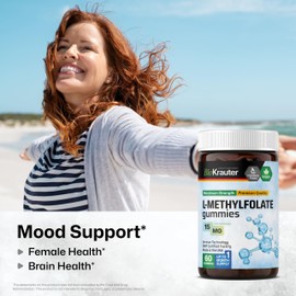 BIO KRAUTER L-Methylfolate Gummies - Organic MTHF Supplement - Bioavailable Folate Supplement - Folic Acid (Vitamin B9) Replacement - 25 mg DFE - 60 Vegan Gummies Gelatine-Free Formula