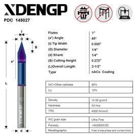 XDENGP 45 Degree V Groove Router Bit for CNC, Carbide V Groove Bit 0.005" Tip Width 1/4 Inch Shank with NACO Coated, CNC Carving Bits for Engraving and Signmaking Carving
