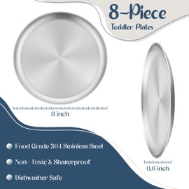 HaWare 8-Piece 18/8 Stainless Steel Kids Plates, 8 Inches Metal Dinner Plates for Toddler Children, Round Serving Plates for Feeding Camping, Non-Toxic Dishes, Shatterproof & Reusable, Dishwasher Safe