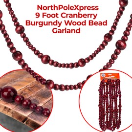 9 Foot Cranberry Burgundy Wood Bead Ball Christmas Garland | Wooden Christmas Tree Garland Perfect for Rustic Natural Country Farmhouse Vintage Trees | Garland Christmas Decorations | Assorted Sizes