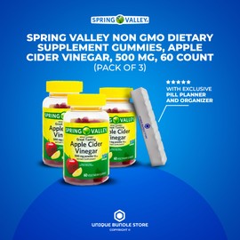 Spring Valley, Apple Cider Vinegar Gummies Non GMO Dietary Supplement, Apple Cider Vinegar 500mg Gummies, 60 Count + 7 Day Pill Organizer Included (Pack of 3)