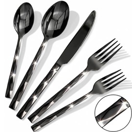 Culterman Modern Silverware Set, Stainless Steel Flatware, Twisted Handle Design, 5-Piece Place Setting with Salad Fork, Dinner Fork, Knife, Soup Spoon, Teaspoon (Black)