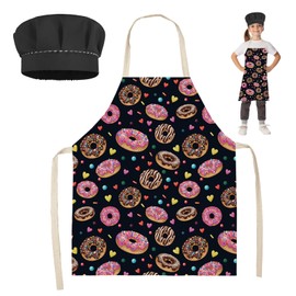 FOSDICK Children's Apron and Chef Hat Children's Set, Cute Cooking Apron Children, Painting Apron Children with Doughnut Pattern, Black Children's Aprons, Baking Apron for Boys and Girls for Painting