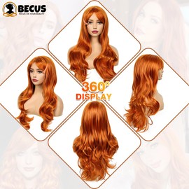 BECUS Long Ginger Wigs for Women Orange Wavy Curly Wig with Bangs Synthetic Hair Wig