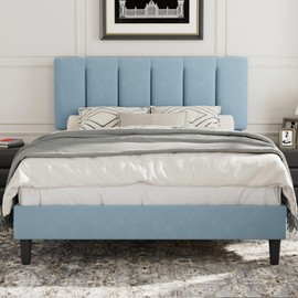 VECELO Full Bed Frame with Upholstered Headboard, Heavy-Duty Platform Bedframe with Strong Wooden Slats Support, No Boxing Spring Needed, Light Blue