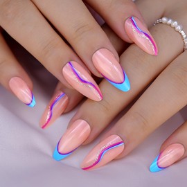 Glitter Press on Nails Medium Almond Fake Nails Mixed Color Sparkle False Nails with Bling Designs Acrylic Nails Glossy Artificial Nails for Women Girls, Pink&Blue