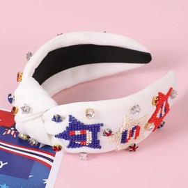 Gmmidea 4th of July USA Beaded Headbands for Women Girls Red White Blue American Flag Headband Knotted Crystal Pearl Patriotic Hairband American Fourth of July Accessories Gifts