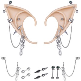 FRESHME Gothic Elf Ears with Piercings - Silver Sterling Rose Skull Punk Earrings with 2 Pairs of Elf Fairy Ears Pixie Elven Ear Cuffs Ear Jewelry Clips Women Men Renaissance Christmas Cosplay Costume