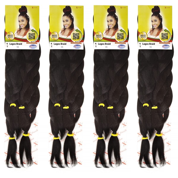 X-Pression 1B 4 PACK XPRESSION LAGOS BRAID Pre-Pulled Hair Extension , 42″ & 46″ Pack , (Colour 1B, Natural Black), 4.0 count