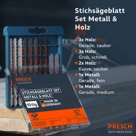 Presch Jigsaw Blades Set Metal & Wood 10 Pieces - Jigsaw Blade Set for All Applications - Professional Jigsaw Blade Set - Universal Shaft for Any Jigsaw - Precise Saw Blade Assortment