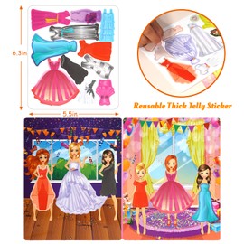 Jactales Reusable Dress Up Stickerss for Girls Kids - 2 Pack Jelly Sticker Play Set with 6 Scene Pages & 6 Reusable Stickers Sheets, Peel & Stick Activity Books for Preschool, Toddlers, Travel Toys