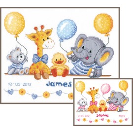 Vervaco Birth Record Animal Cheer Counted X Stitch Kit, Multi-Colour