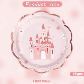 WRAPAHOLIC 25Pcs Castle Paper Plates - 7 Inch Pink Princess Castle Disposable Plates Decorative Dessert Plates for Party Tableware Supplies Table Decor