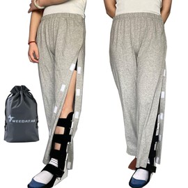 WEEOATAR Tear Away Pants,Bedridden Patient Clothing with 2 Sides Magic Stickers for Post-Surgery,Incontinence Dialysis,Full Open Down Cotton Rip Off Pants for Hip Replacement(Man Grey,Long,XL)
