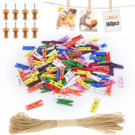 Hengxinc Pack of 168 Mini Wooden Pegs Small Mini Clothes Pegs Wedding Small Wooden Pegs for Polaroid Photos with 10 m Jute String DIY for Photo Wall Display Party (Colour)