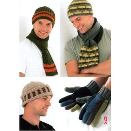 King Cole Mens DK Chunky Knitting Pattern Ribbed & Striped Hats, Scarves & Gloves - 3296